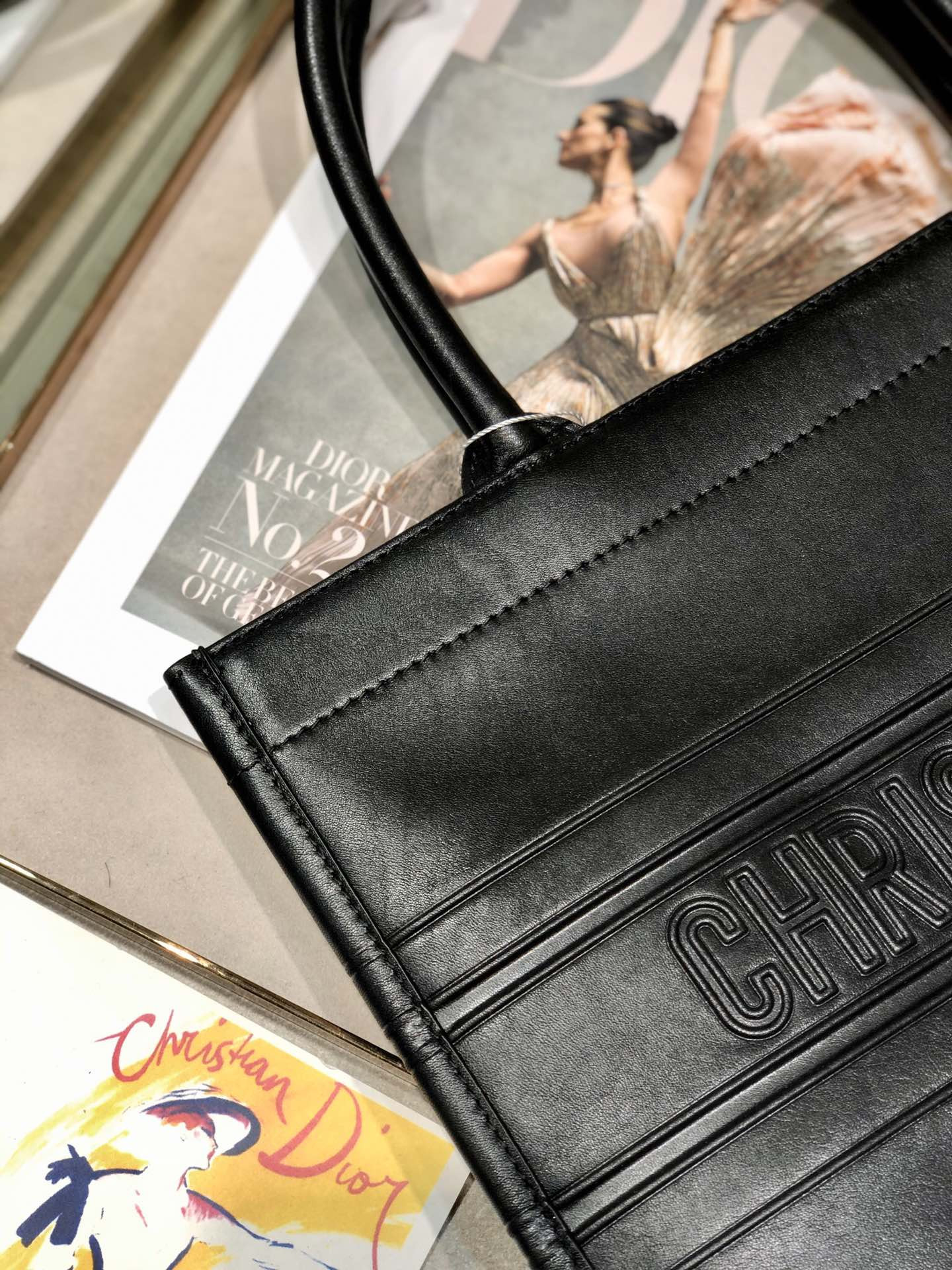 Calfskin Embossed Medium D*0r Book Tote Black 14 x 11 x 6.5 inches