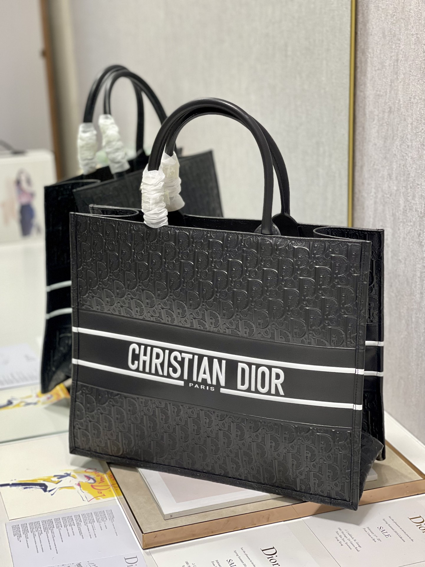 Large D*0r Book Tote Black White D*0r Oblique Embossed Calfskin 16.5 x 14 x 7.5 inches