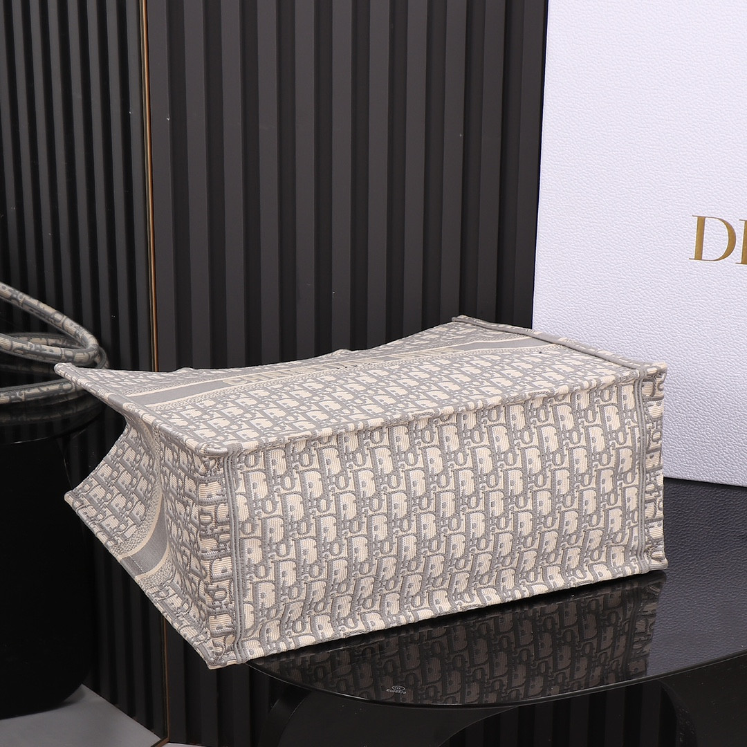 Large D*0r Book Tote Ecru and Gray D*0r Oblique Embroidery 16.5 x 14 x 7.5 inches
