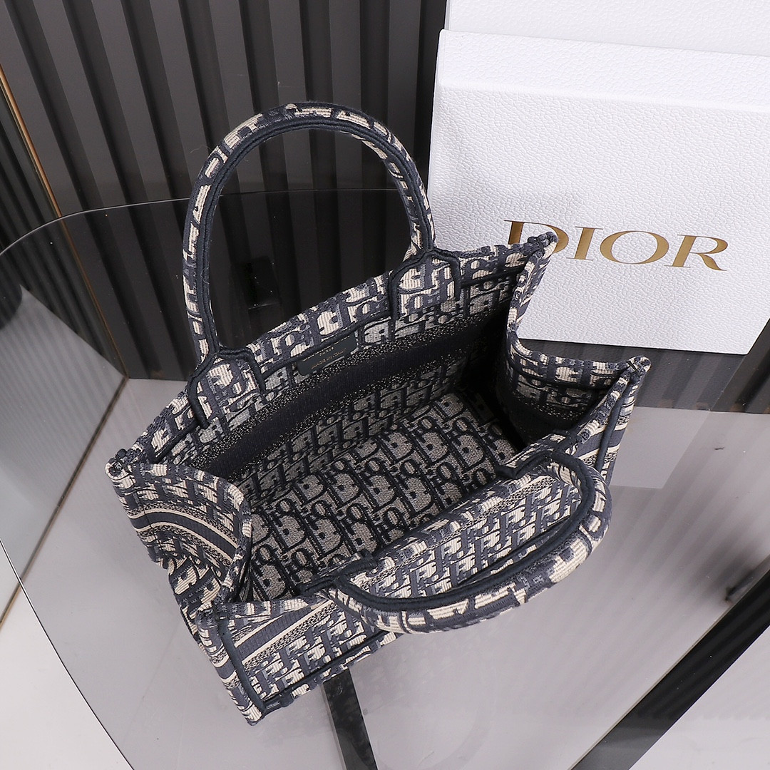 Small D*0r Book Tote Ecru and Blue D*0r Oblique Embroidery 10.5 x 8.5 x 5.5 inches