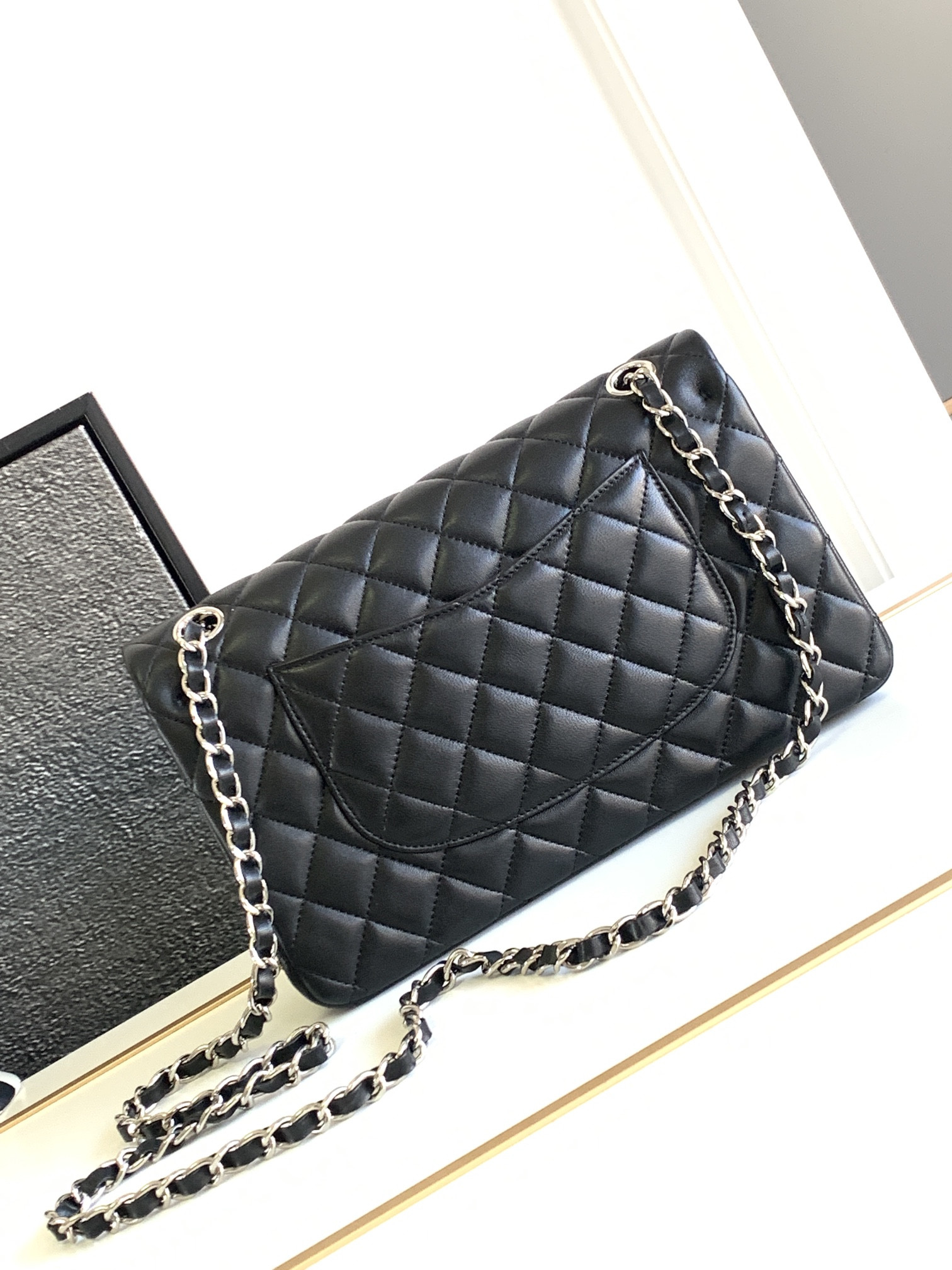 Ch*el CLASSIC HANDBAG GRAINED SHINY CALFSKIN & SILVER-TONE METAL BLACK 6 × 9.9 × 2.5 in