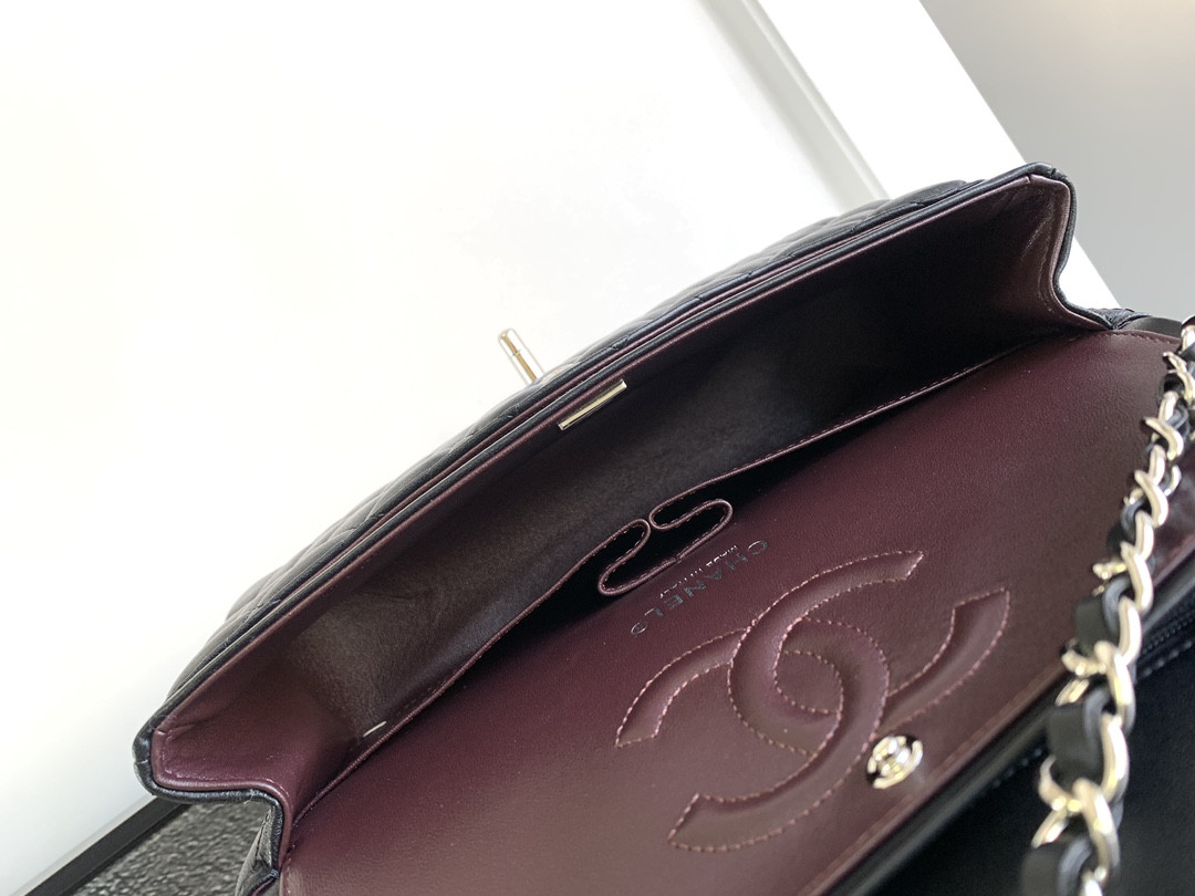 Ch*el CLASSIC HANDBAG GRAINED SHINY CALFSKIN & SILVER-TONE METAL BLACK 6 × 9.9 × 2.5 in