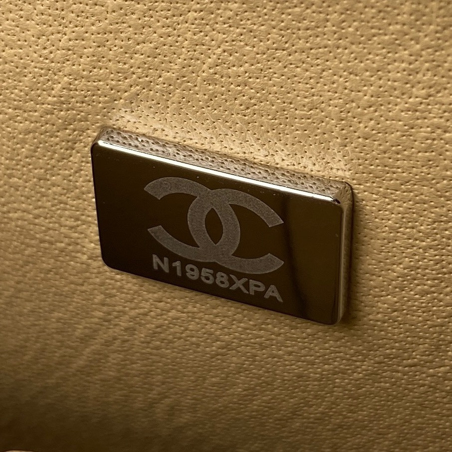 Ch*el CLASSIC HANDBAG GRAINED SHINY CALFSKIN & SILVER-TONE METAL COFFEE 6 × 9.9 × 2.5 in