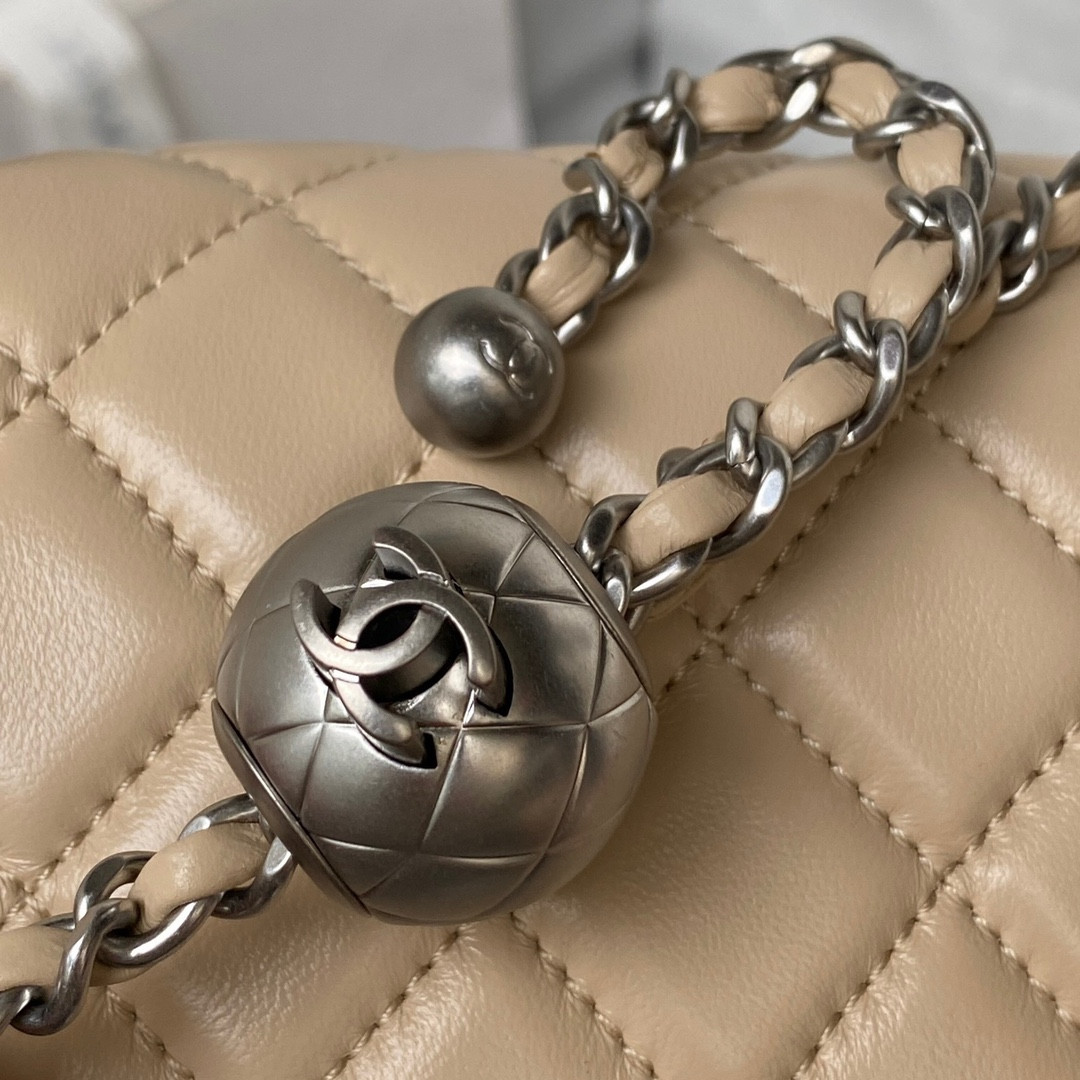 Ch*el MINI FLAP BAG SHINY CALFSKIN & SILVER-Tone METAL COFFEE 5.3 × 6.6 × 3.1 in