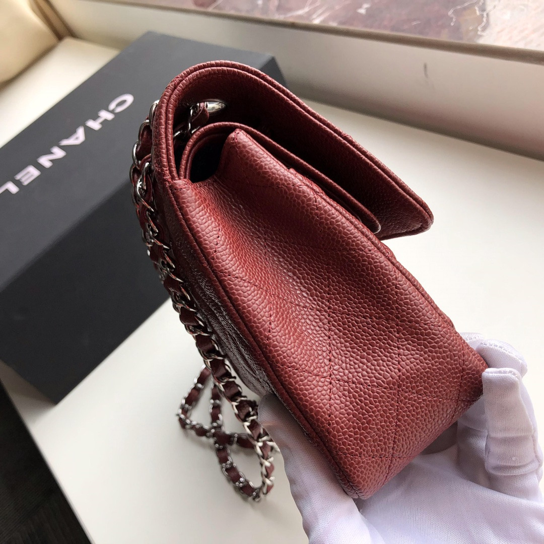 Ch*el CLASSIC HANDBAG GRAINED CALFSKIN & SILVER-TONE METAL red 6 × 9.9 × 2.5 in