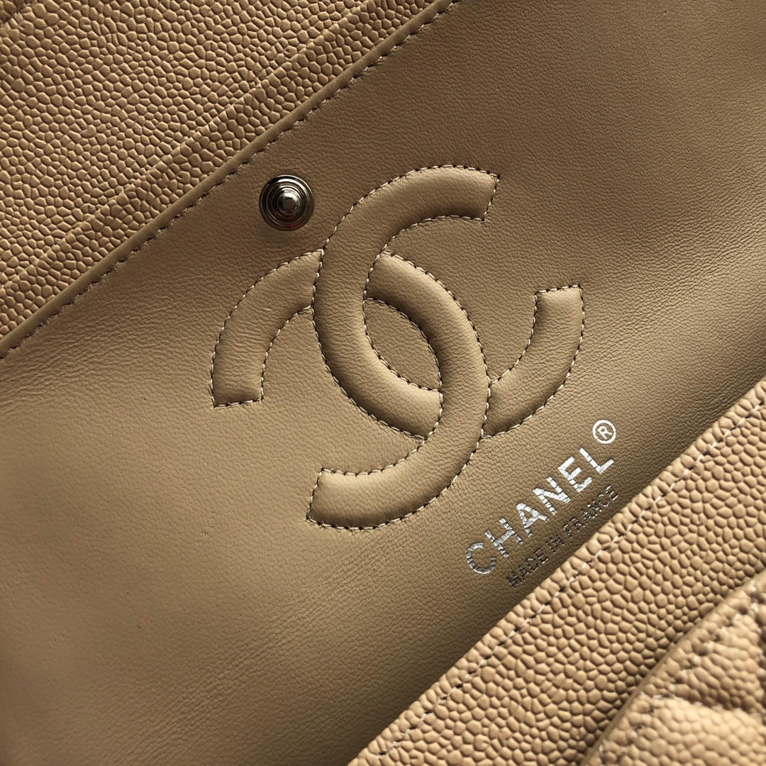 Ch*el CLASSIC HANDBAG GRAINED CALFSKIN & SILVER-TONE METAL COFFEE 6 × 9.9 × 2.5 in