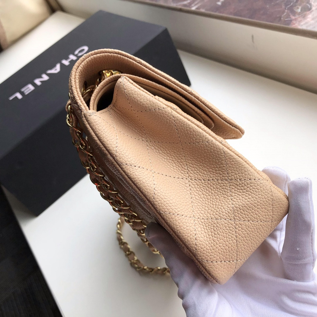 Ch*el CLASSIC HANDBAG GRAINED CALFSKIN & Gold-TONE METAL COFFEE 6 × 9.9 × 2.5 in