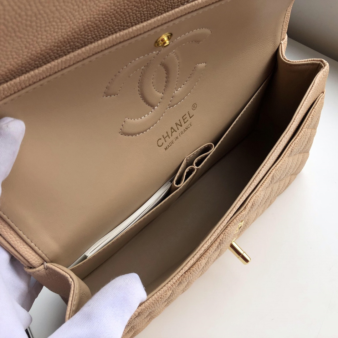 Ch*el CLASSIC HANDBAG GRAINED CALFSKIN & Gold-TONE METAL COFFEE 6 × 9.9 × 2.5 in