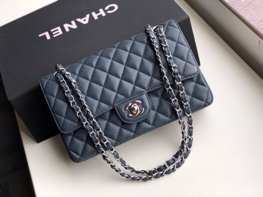 Ch*el CLASSIC HANDBAG GRAINED CALFSKIN & SILVER-TONE METAL NAVY 6 × 9.9 × 2.5 in