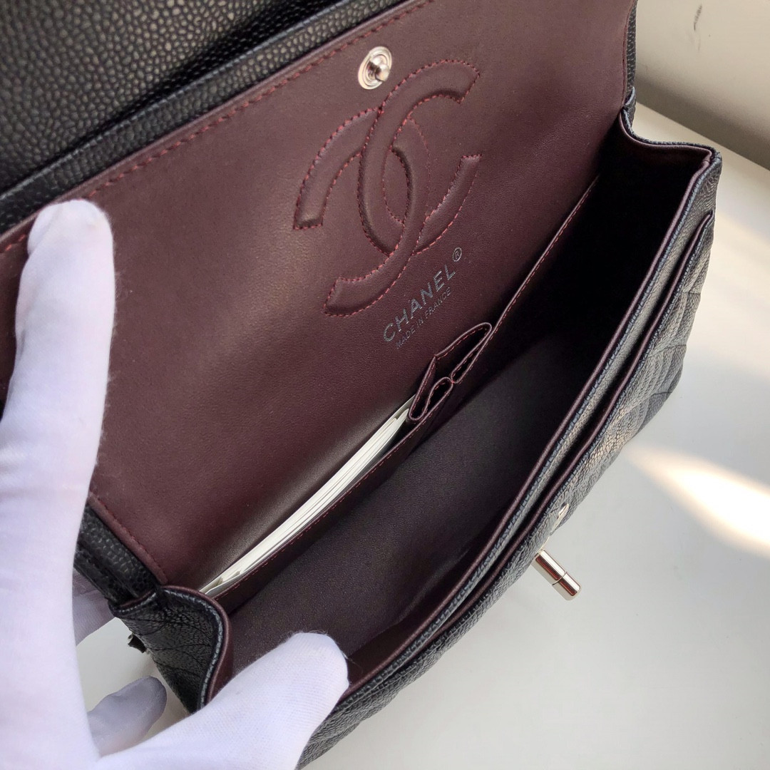 Ch*el CLASSIC HANDBAG GRAINED CALFSKIN & SILVER-TONE METAL black 6 × 9.9 × 2.5 in