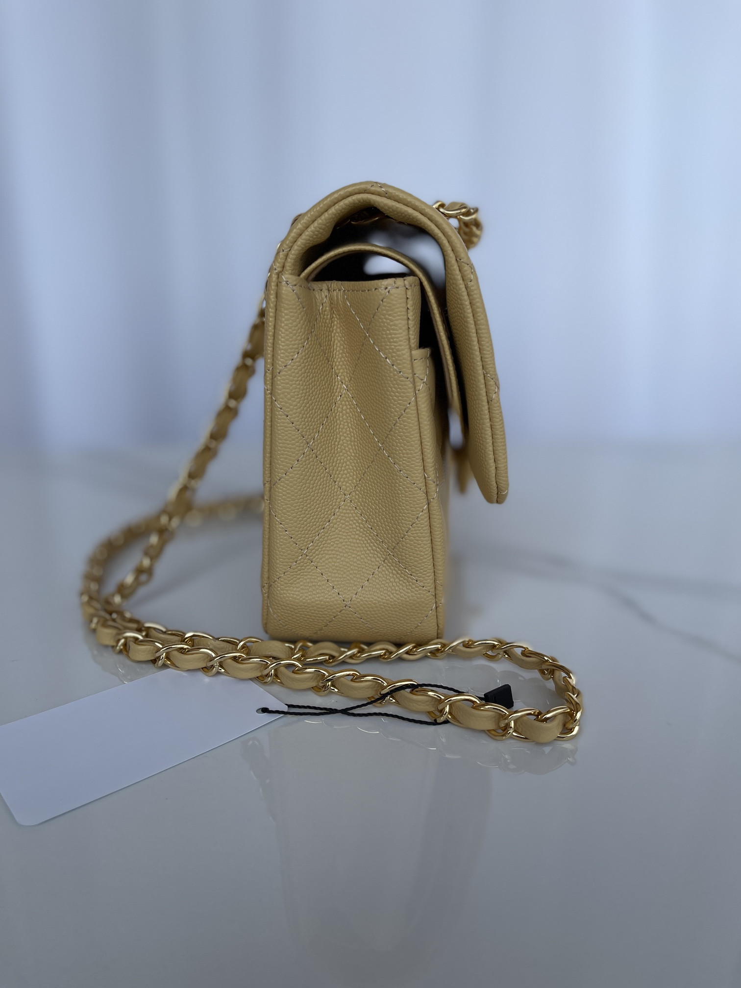 Ch*el CLASSIC HANDBAG GRAINED CALFSKIN & GOLD-TONE METAL YELLOW 6 × 9.9 × 2.5 in