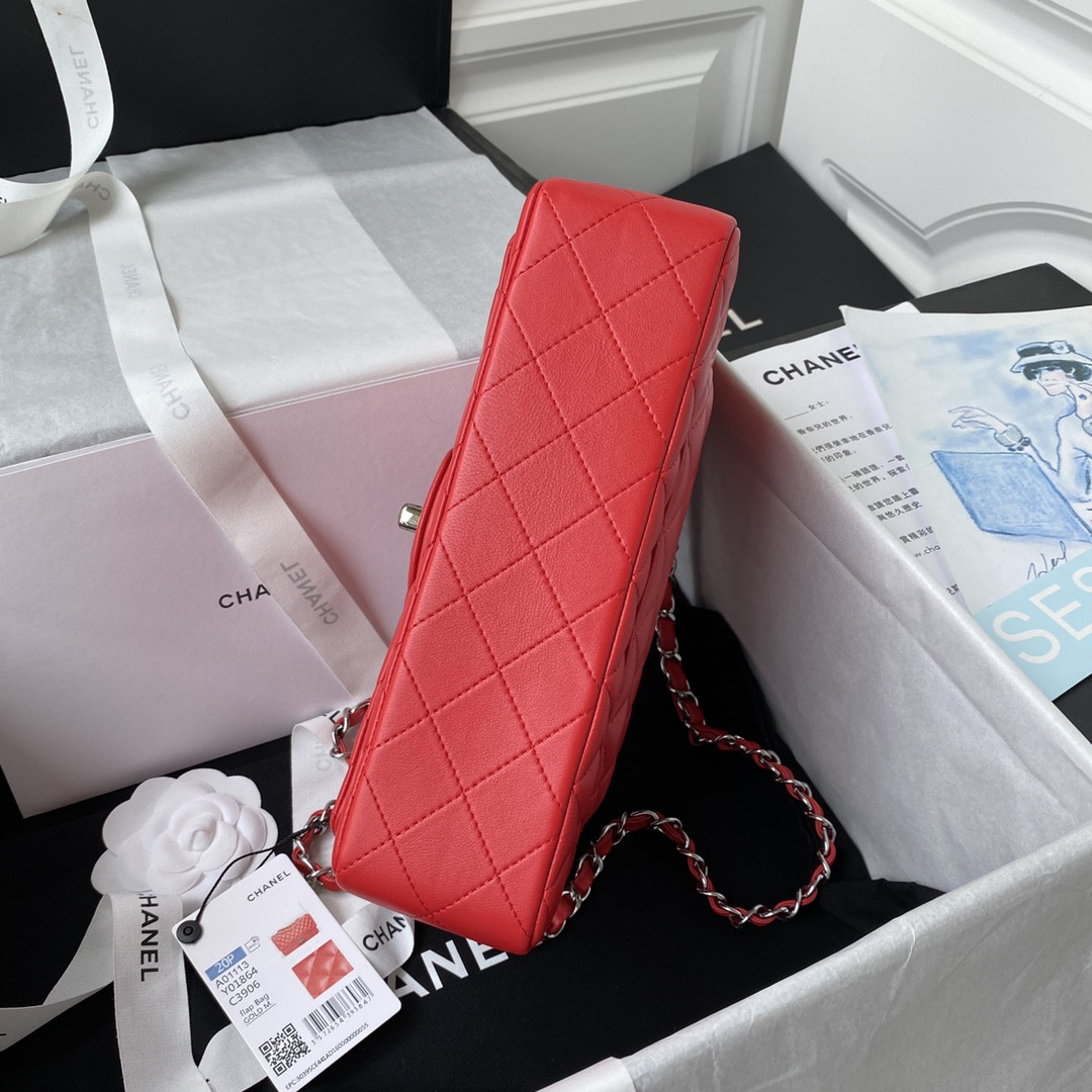 Ch*el SMALL CLASSIC HANDBAG  LAMBSKIN & SILVER-TONE METAL Red 5.7 × 9 × 2.3 IN