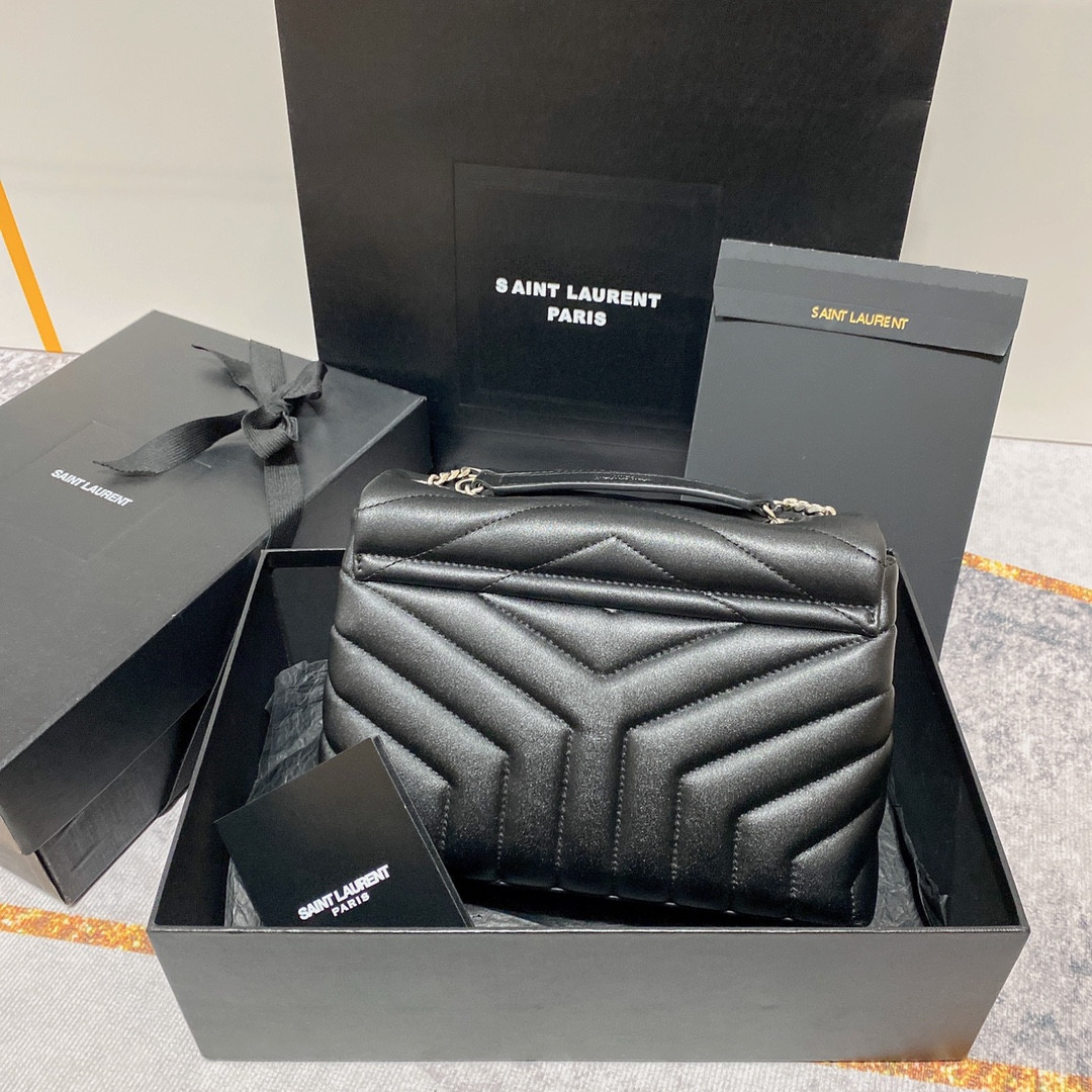 Y*L LOULOU SMALL IN QUILTED LEATHER BLACK SILVER 9 X 6.1 X 3.3 INCHES