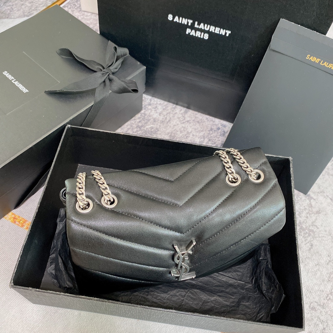 Y*L LOULOU SMALL IN QUILTED LEATHER BLACK SILVER 9 X 6.1 X 3.3 INCHES