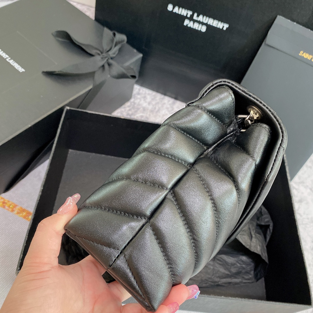 Y*L LOULOU SMALL IN QUILTED LEATHER BLACK SILVER 9 X 6.1 X 3.3 INCHES