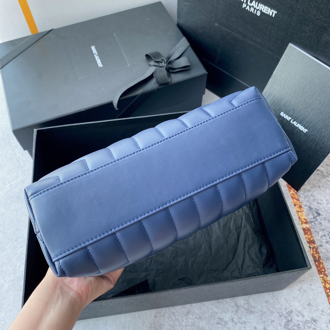 Y*L LOULOU SMALL IN QUILTED LEATHER BLUE GOLD 9 X 6.1 X 3.3 INCHES