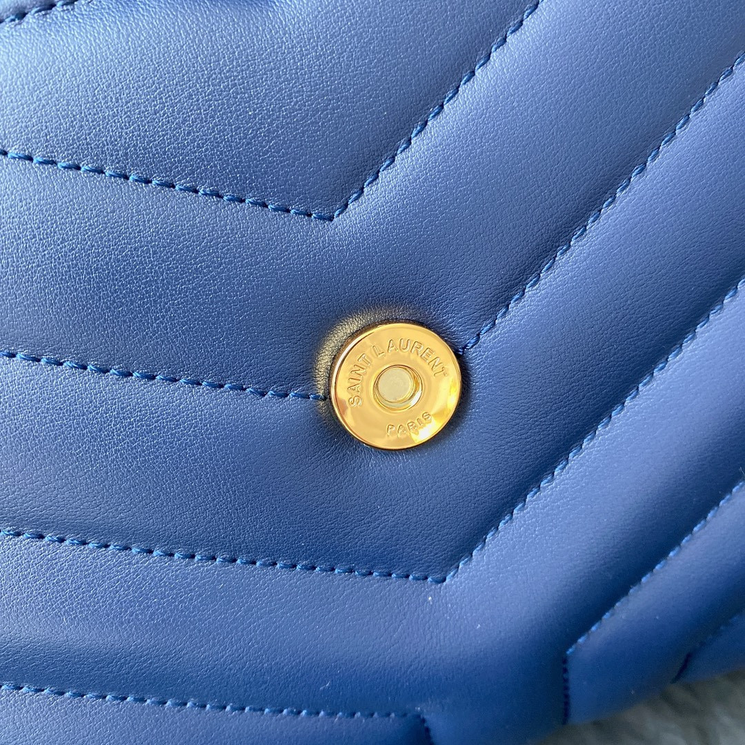 Y*L LOULOU SMALL IN QUILTED LEATHER BLUE GOLD 9 X 6.1 X 3.3 INCHES