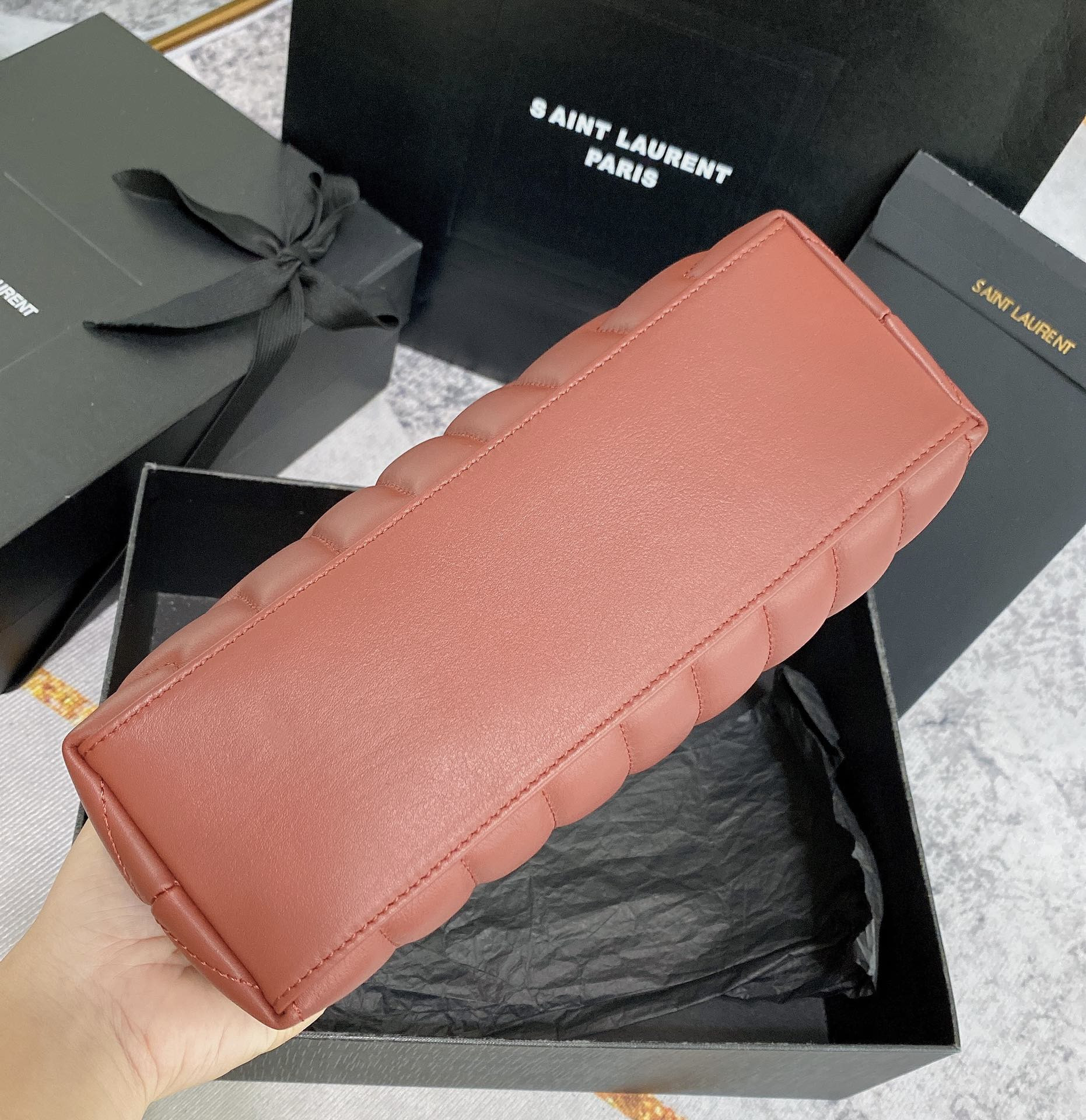 Y*L LOULOU SMALL IN QUILTED LEATHER RED GOLD 9 X 6.1 X 3.3 INCHES