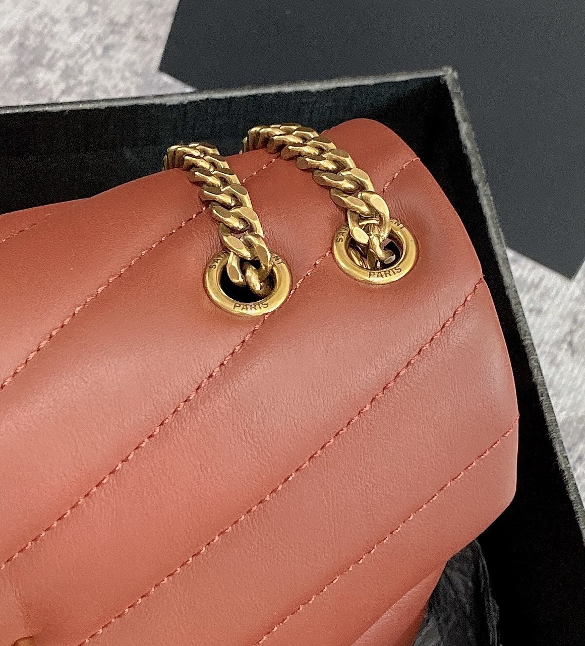 Y*L LOULOU SMALL IN QUILTED LEATHER RED GOLD 9 X 6.1 X 3.3 INCHES