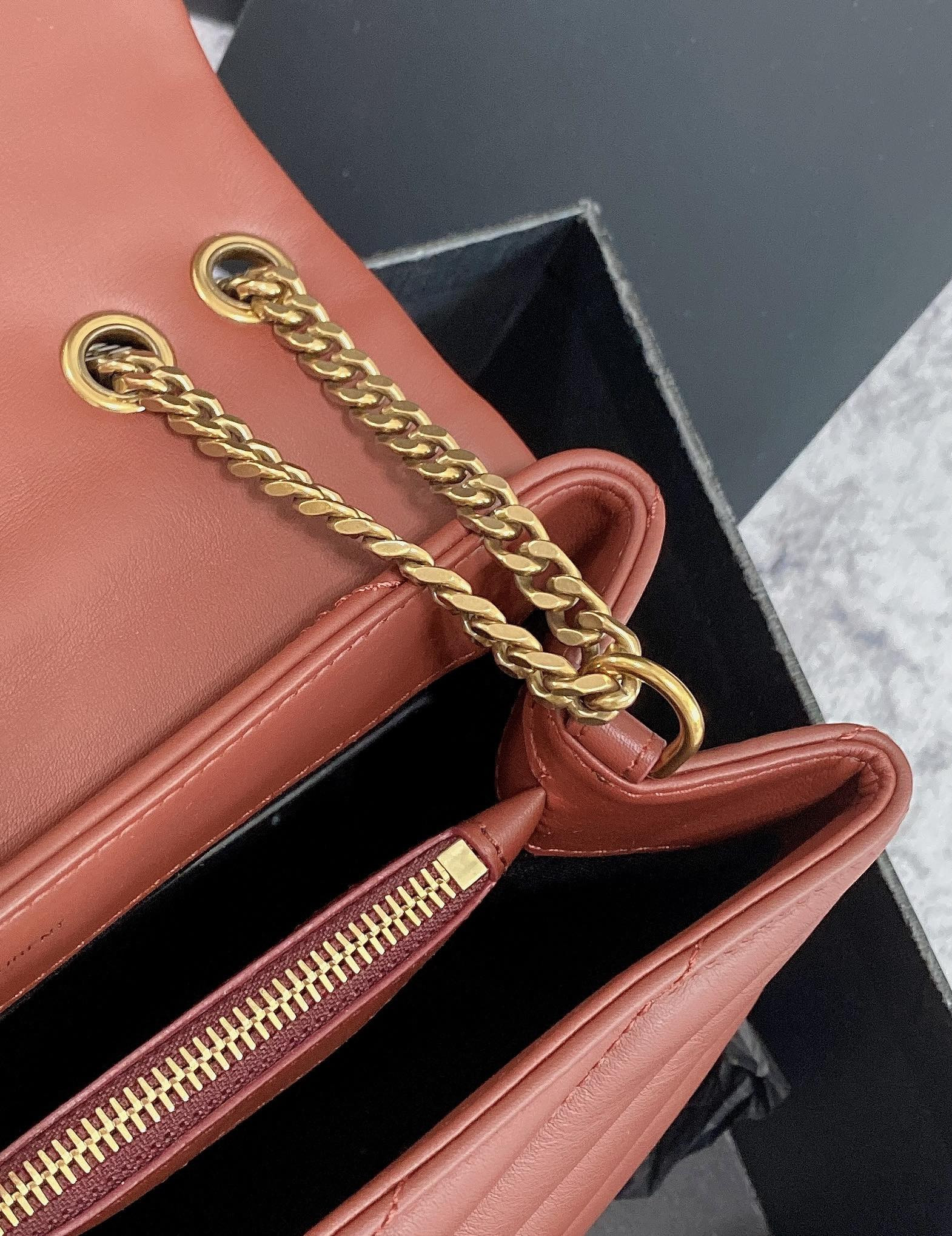 Y*L LOULOU SMALL IN QUILTED LEATHER RED GOLD 9 X 6.1 X 3.3 INCHES