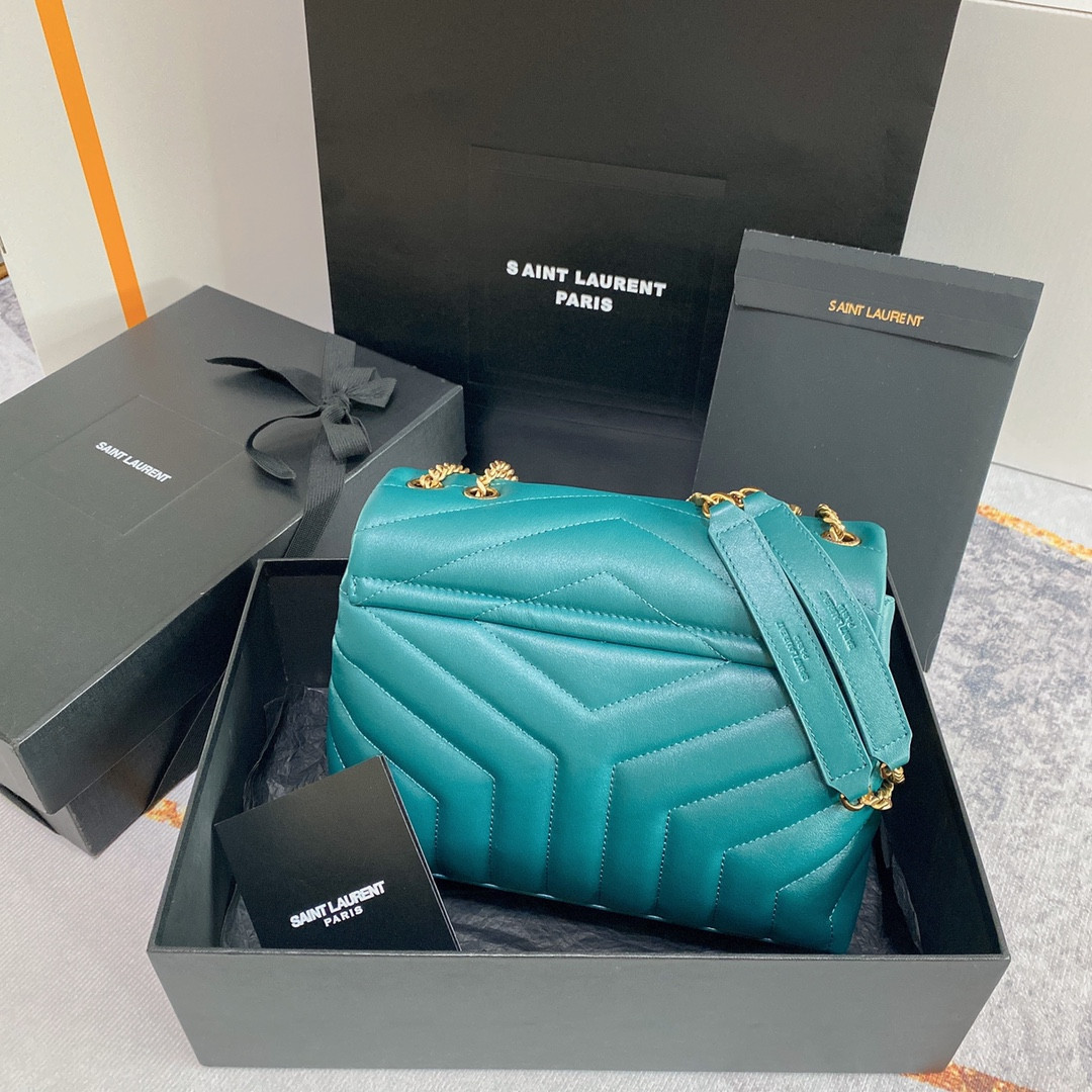 Y*L LOULOU SMALL IN QUILTED LEATHER BLUE GOLD 9 X 6.1 X 3.3 INCHES