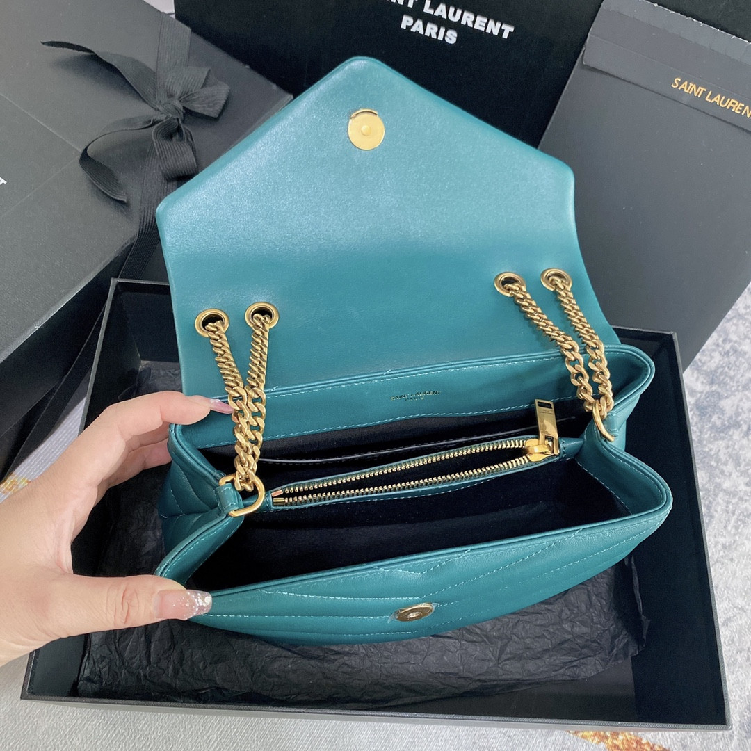 Y*L LOULOU SMALL IN QUILTED LEATHER BLUE GOLD 9 X 6.1 X 3.3 INCHES