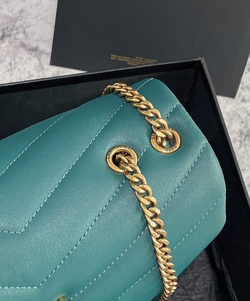 Y*L LOULOU SMALL IN QUILTED LEATHER BLUE GOLD 9 X 6.1 X 3.3 INCHES