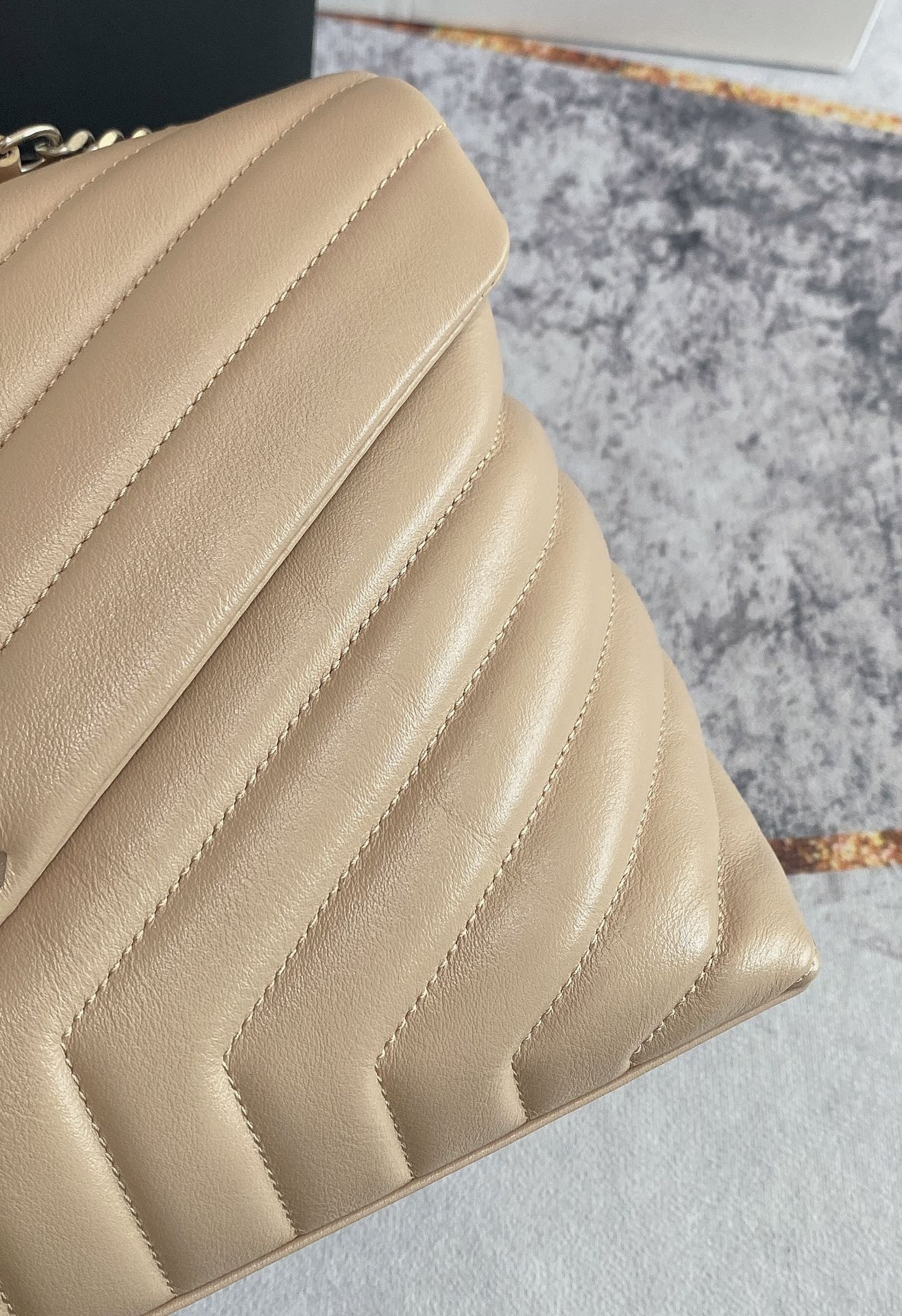 Y*L LOULOU MEDIUM IN QUILTED LEATHER DARK BEIGE SILVER 12.5 X 8.6 X 3.5 INCHES