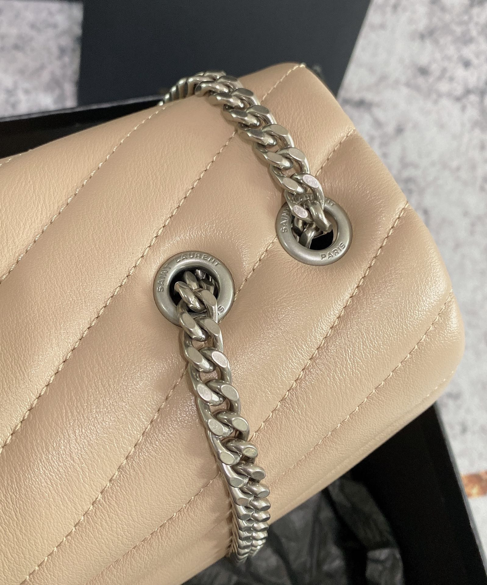 Y*L LOULOU MEDIUM IN QUILTED LEATHER DARK BEIGE SILVER 12.5 X 8.6 X 3.5 INCHES