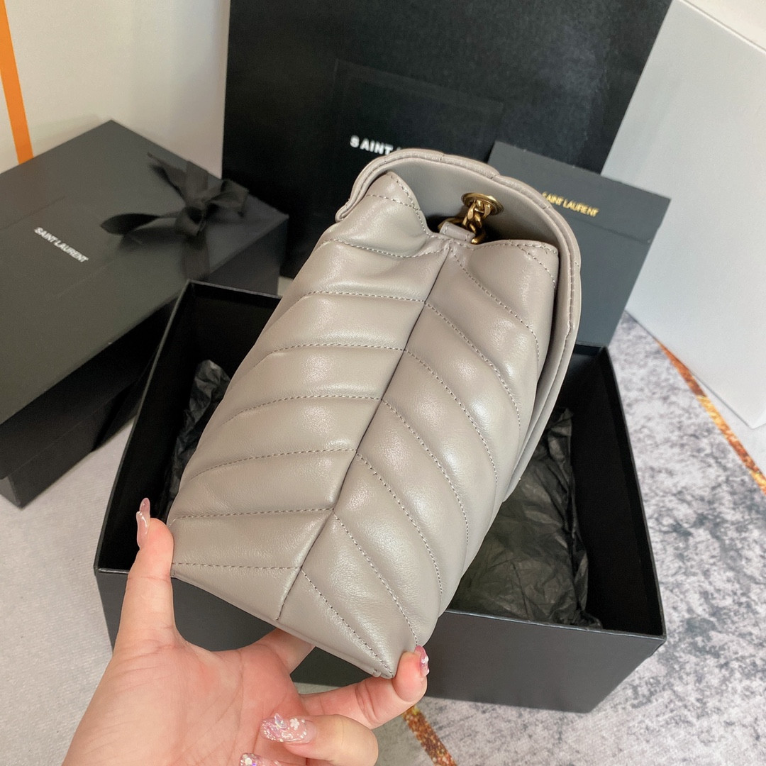 Y*L LOULOU MEDIUM IN QUILTED LEATHER GREYISH BROWN 12.5 X 8.6 X 3.5 INCHES