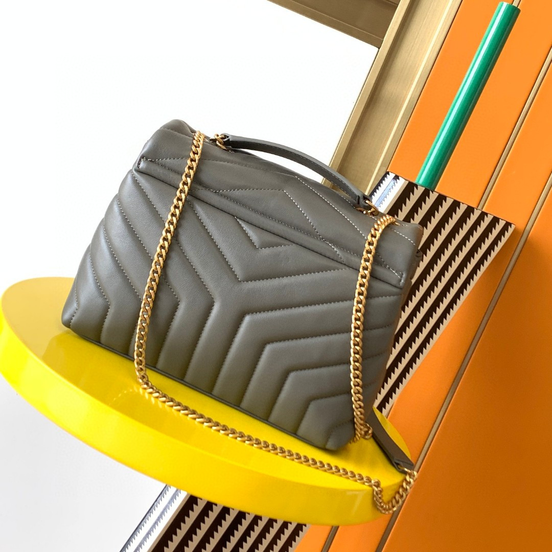 Y*L LOULOU SMALL IN QUILTED LEATHER GRAY GOLD 9 X 6.1 X 3.3 INCHES