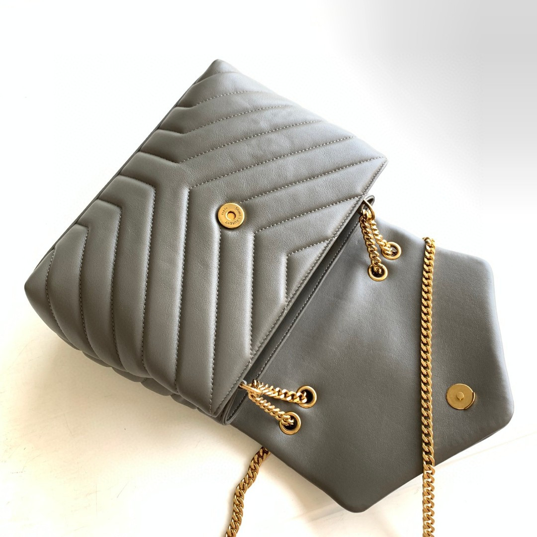 Y*L LOULOU SMALL IN QUILTED LEATHER GRAY GOLD 9 X 6.1 X 3.3 INCHES