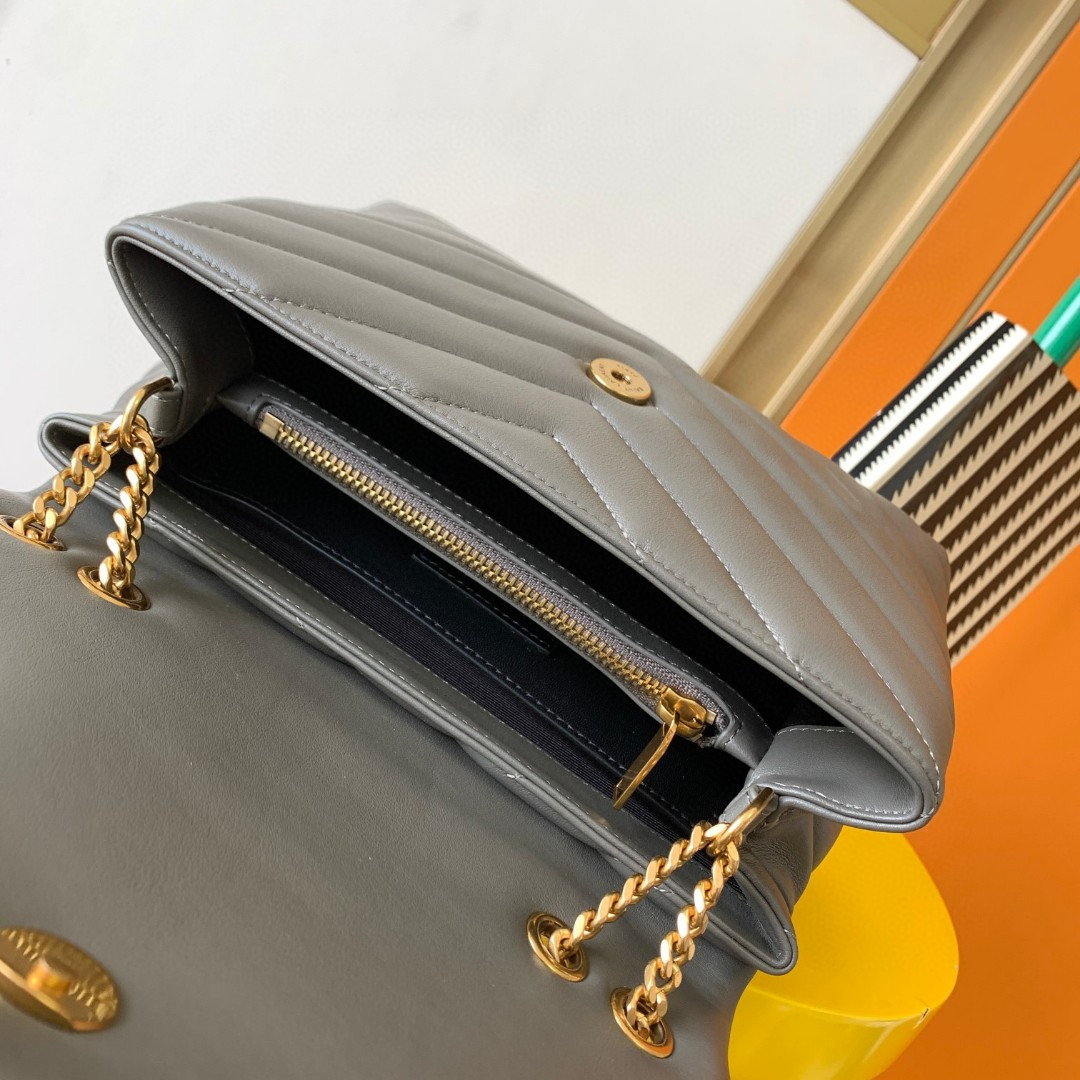 Y*L LOULOU SMALL IN QUILTED LEATHER GRAY GOLD 9 X 6.1 X 3.3 INCHES