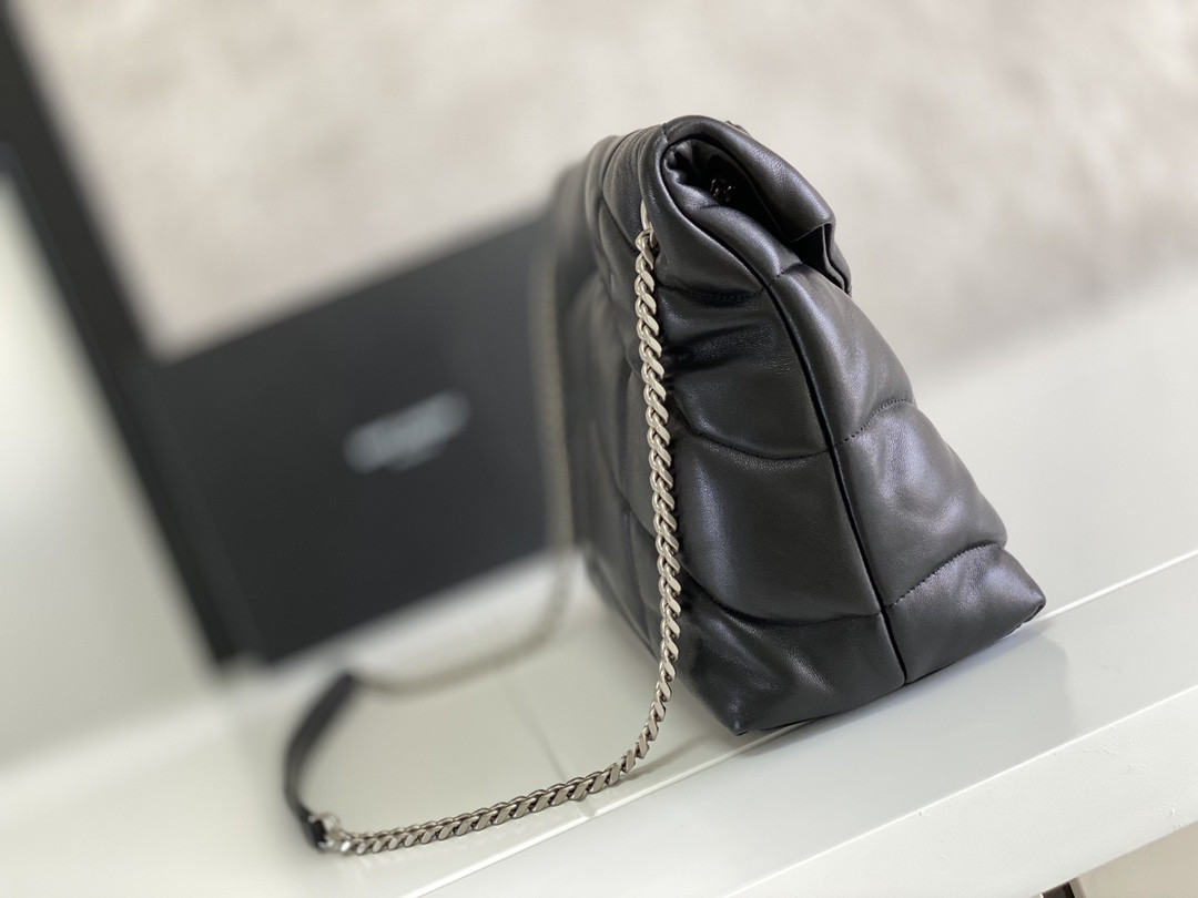 Y*L LOULOU PUFFER MEDIUM IN NAPPA LEATHER BLACK SILVER 13.7 X 9 X 5.3 INCHES