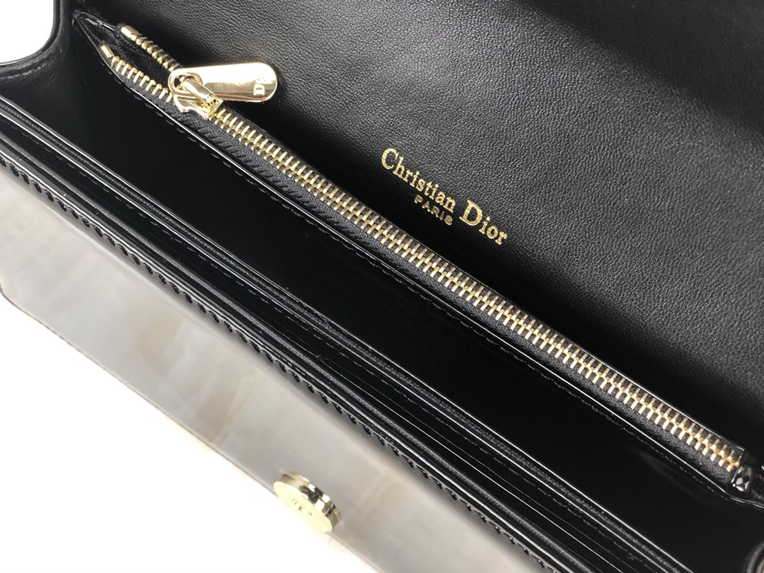 Lady D*0r Pouch Black Patent Cannage Calfskin 8.5 x 4.5 x 1 inches