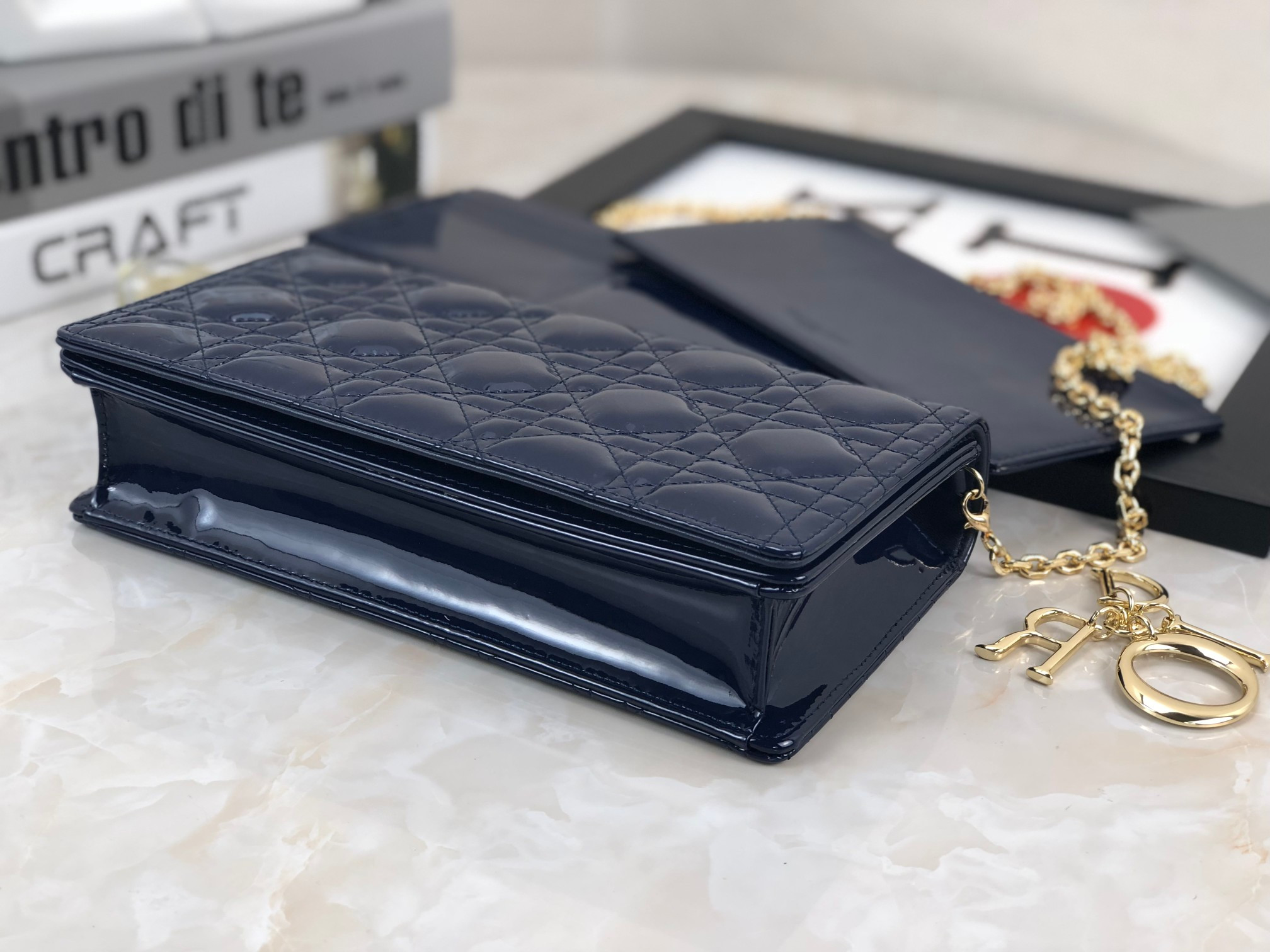 Lady D*0r Pouch  Navy Patent Cannage Calfskin 8.5 x 4.5 x 1 inches