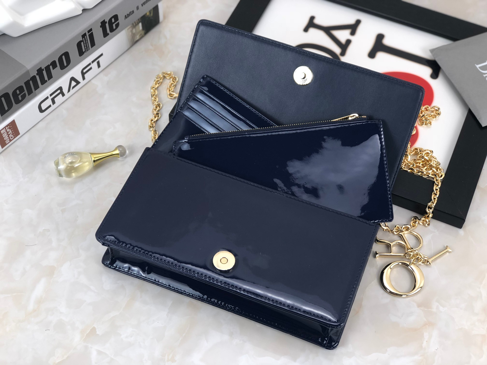 Lady D*0r Pouch  Navy Patent Cannage Calfskin 8.5 x 4.5 x 1 inches