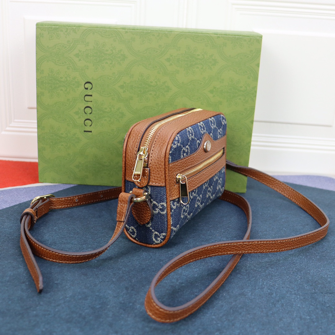G*u*i OPHIDIA GG MINI TOP HANDLE BAG Denim Blue 6.8 W x 4.7 H x 2.1 D