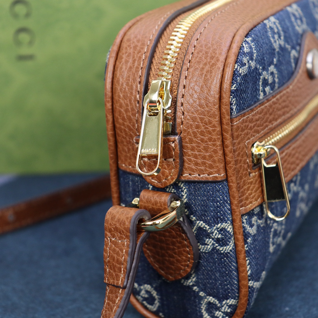 G*u*i OPHIDIA GG MINI TOP HANDLE BAG Denim Blue 6.8 W x 4.7 H x 2.1 D