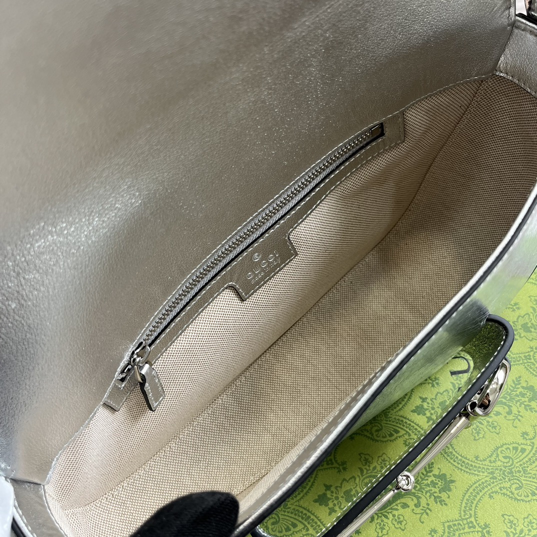 G*u*i HORSEBIT 1955 SMALL SHOULDER BAG Metallic silver 10.4"W x 6.7-4.1"H x 3.1-1.6"D