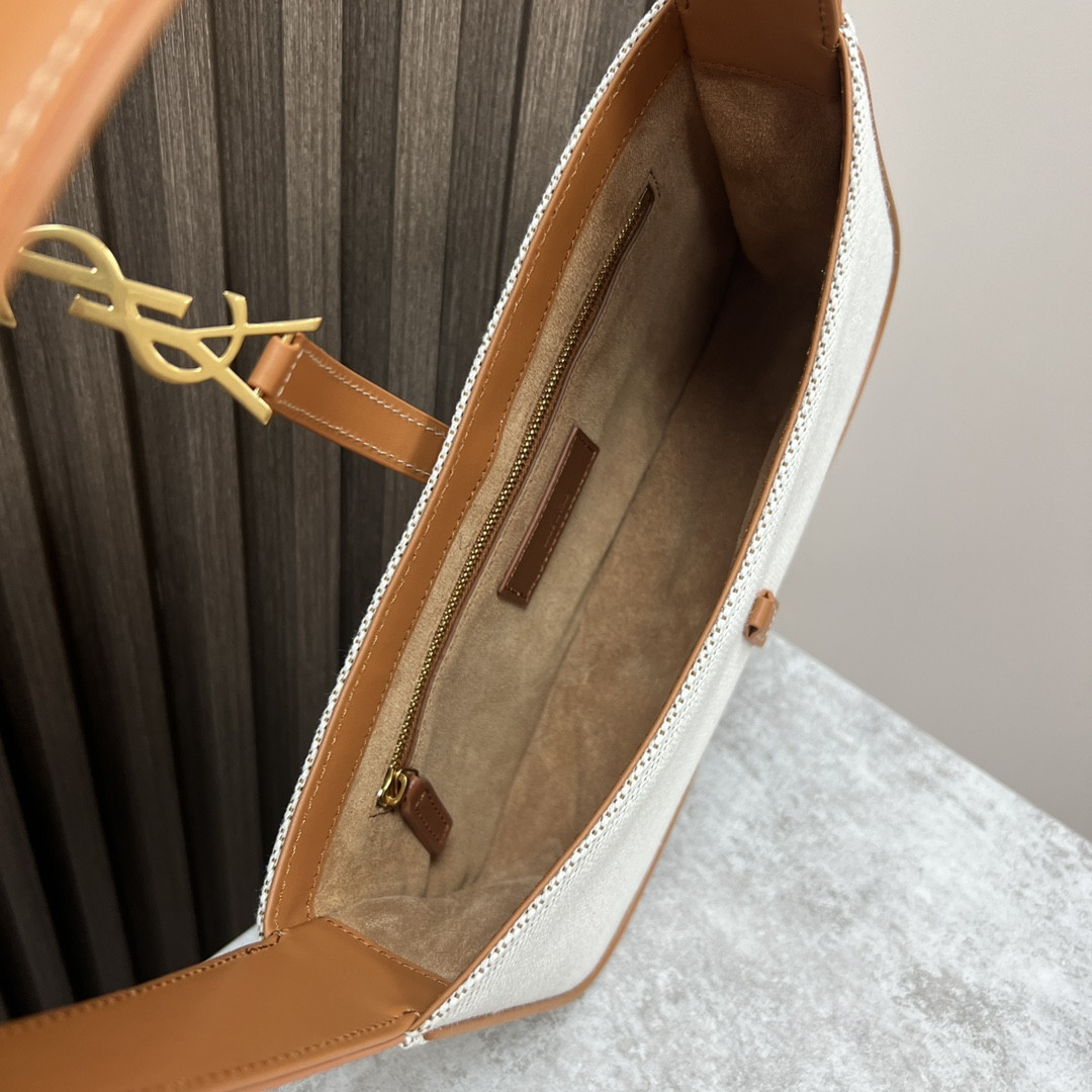 Y*L LE 5 À 7 IN CANVAS AND LEATHER GREGE AND BRICK 9 X 6.3 X 2.5 INCHES