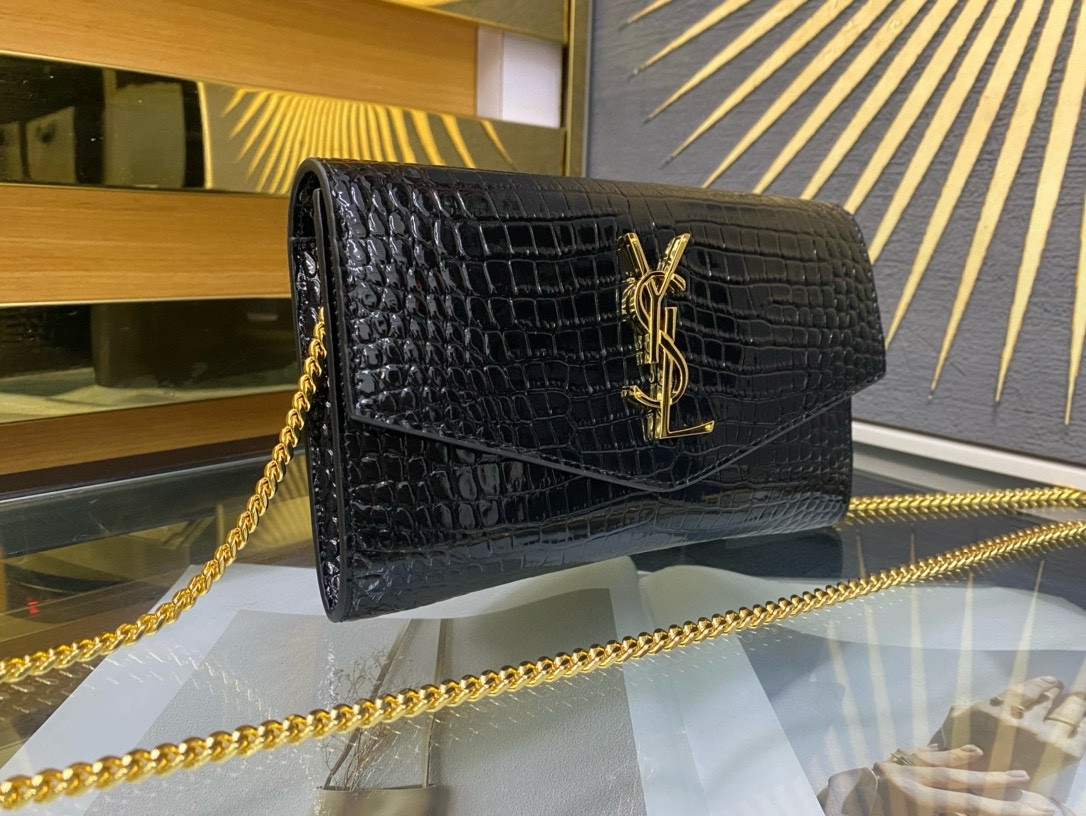 Y*L UPTOWN CHAIN WALLET IN CROCODILE-EMBOSSED SHINY LEATHER 7.5 X 4.7 X 1.2 INCHES