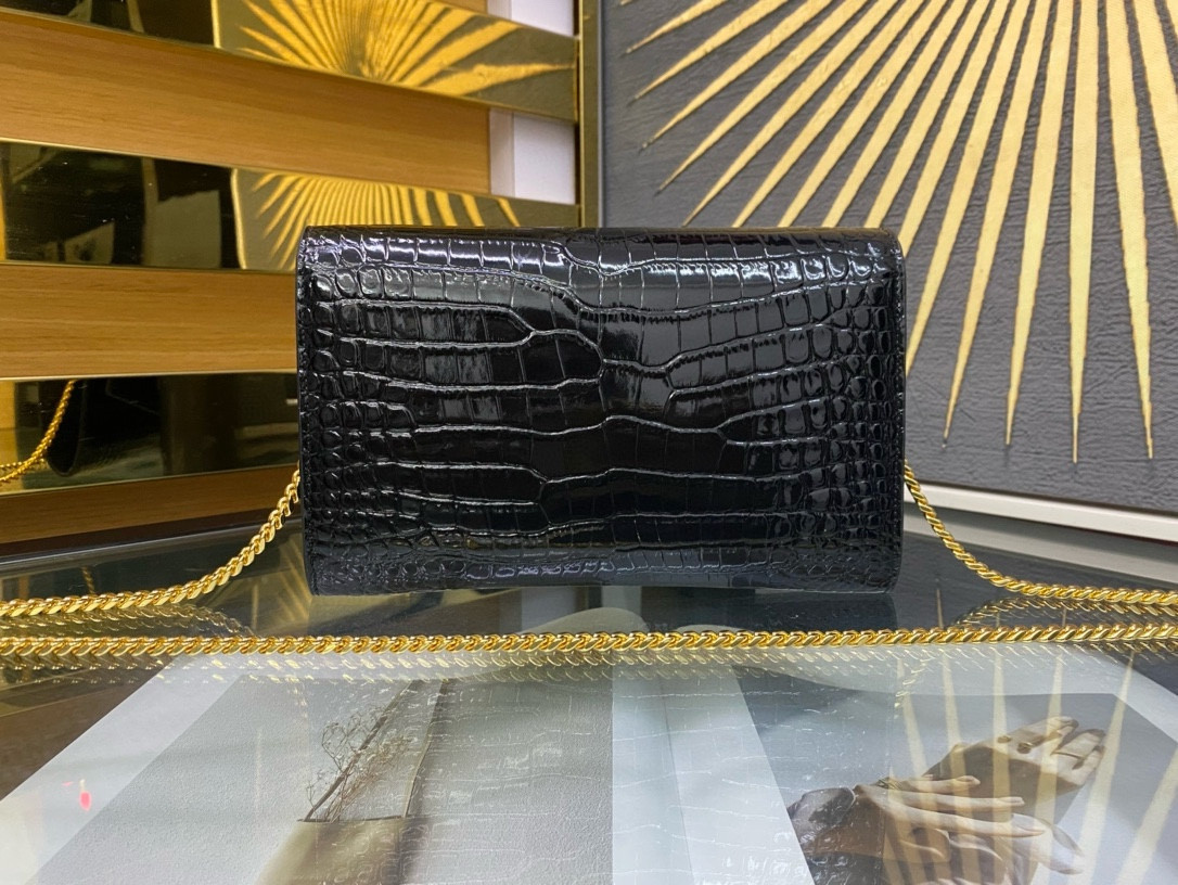 Y*L UPTOWN CHAIN WALLET IN CROCODILE-EMBOSSED SHINY LEATHER 7.5 X 4.7 X 1.2 INCHES