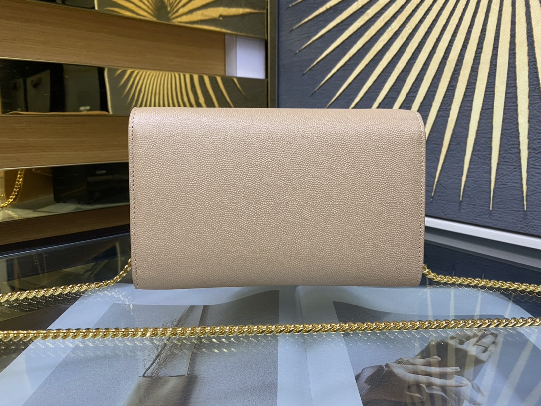 Y*L UPTOWN CHAIN WALLET IN GRAIN DE POUDRE EMBOSSED LEATHER DARK BEIGE 7.5 X 4.7 X 1.2 INCHES