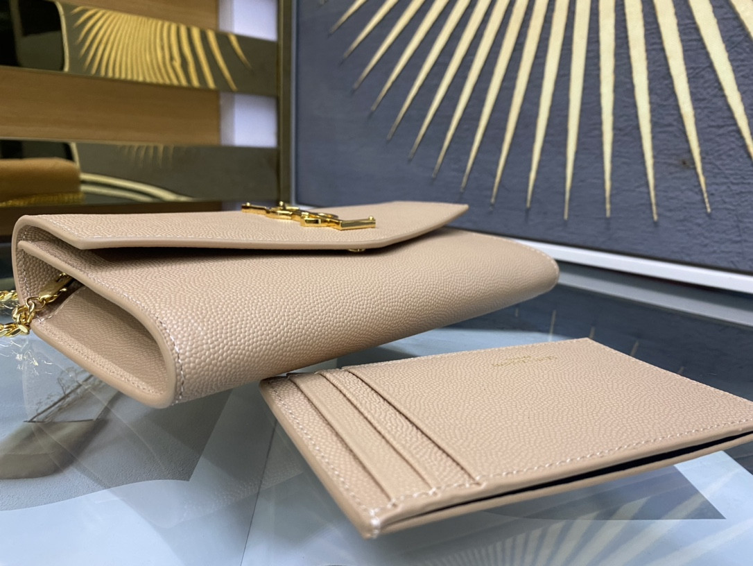 Y*L UPTOWN CHAIN WALLET IN GRAIN DE POUDRE EMBOSSED LEATHER DARK BEIGE 7.5 X 4.7 X 1.2 INCHES