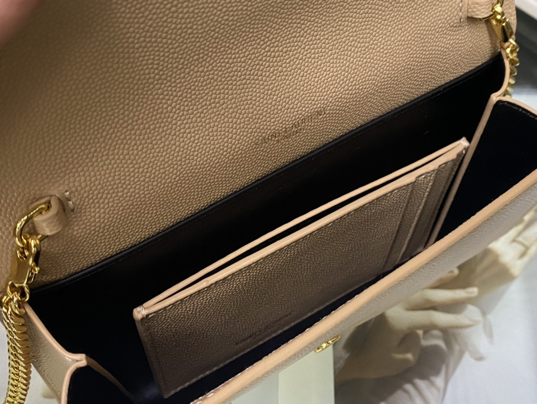 Y*L UPTOWN CHAIN WALLET IN GRAIN DE POUDRE EMBOSSED LEATHER DARK BEIGE 7.5 X 4.7 X 1.2 INCHES