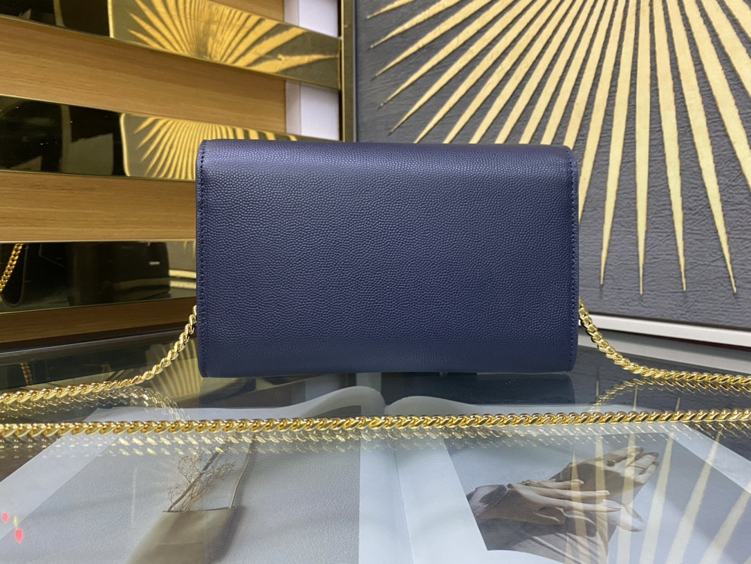 Y*L UPTOWN CHAIN WALLET IN GRAIN DE POUDRE EMBOSSED LEATHER NAVY 7.5 X 4.7 X 1.2 INCHES