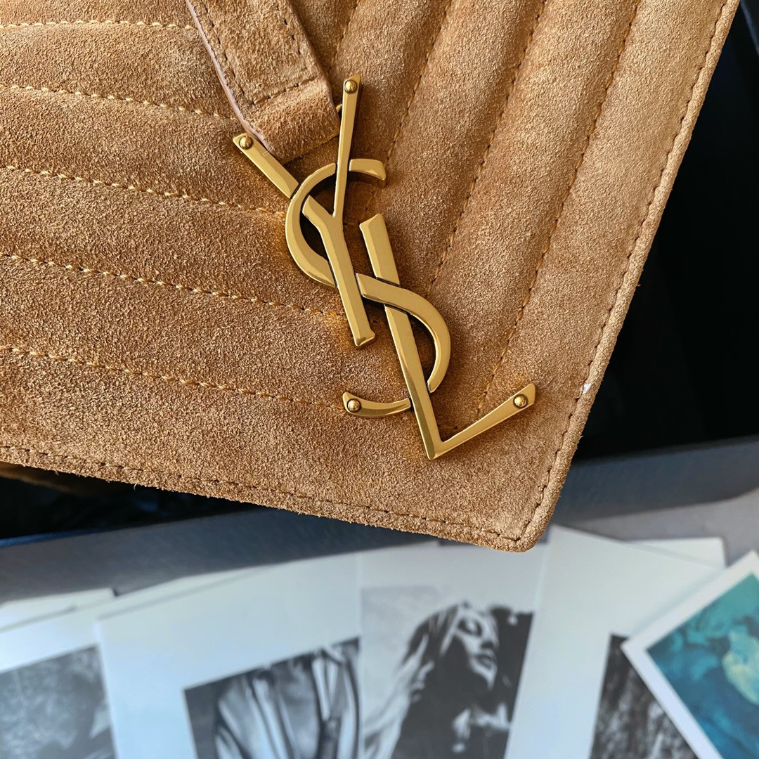 Y*L COLLEGE MEDIUM IN QUILTED SUEDE BROWN 9.4 X 6.6 X 2.5 INCHES