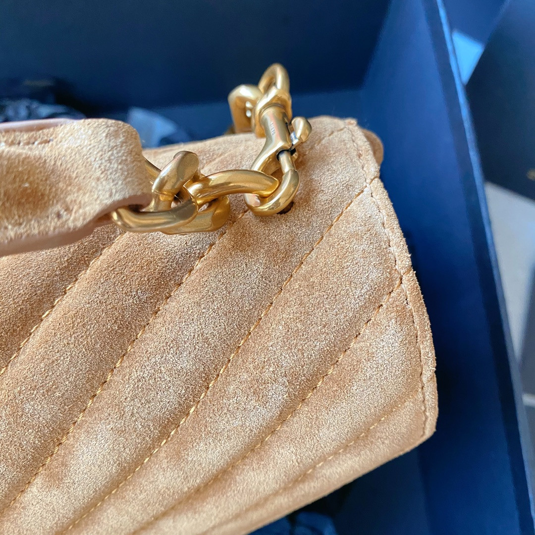 Y*L COLLEGE MEDIUM IN QUILTED SUEDE BROWN 9.4 X 6.6 X 2.5 INCHES