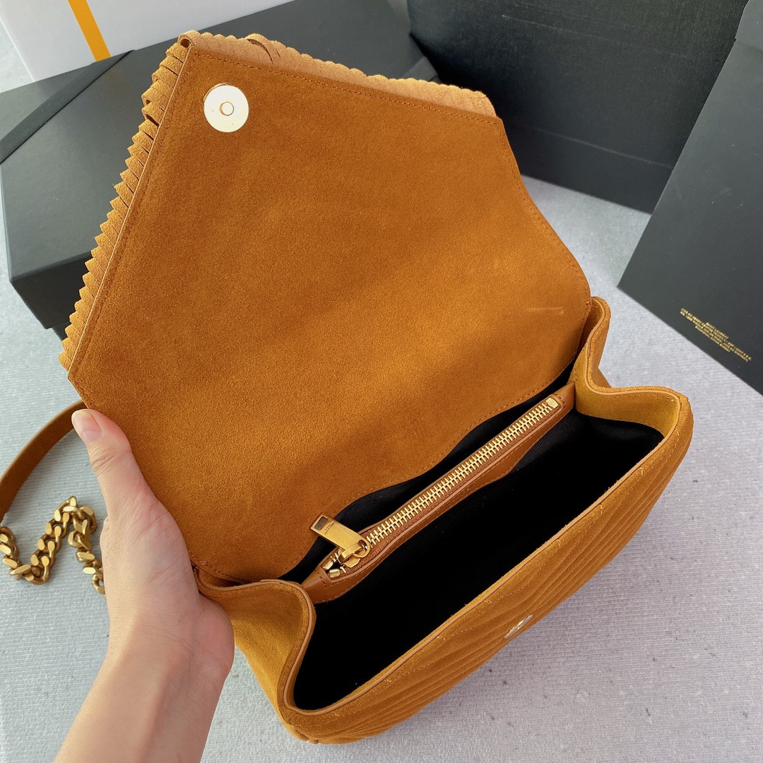 Y*L COLLEGE MEDIUM IN QUILTED SUEDE ORANGE 9.4 X 6.6 X 2.5 INCHES